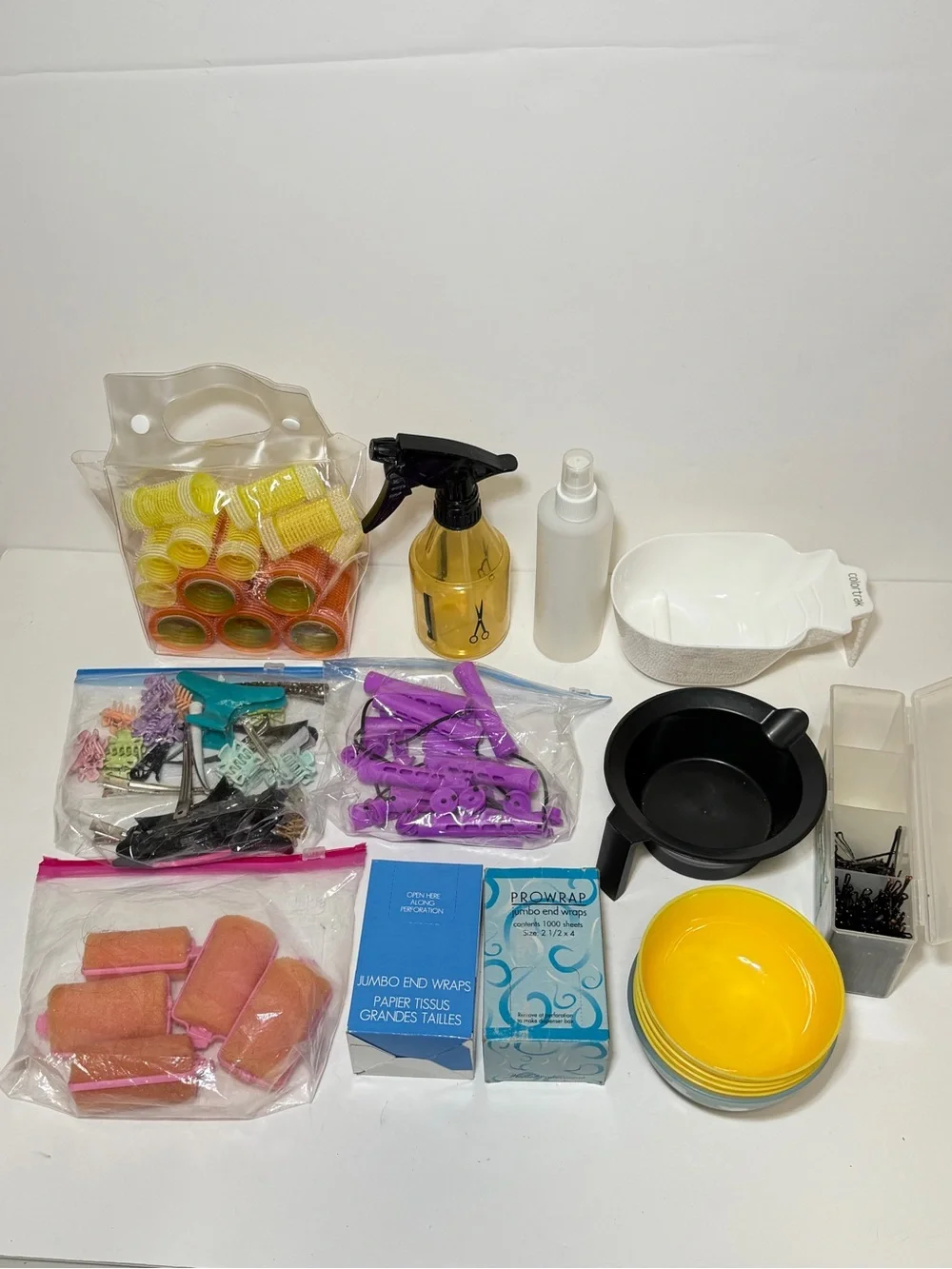 Salon Hair Styling Lot – Perm Rods, Curlers, Color Mixing Bowls, Clips & Pins